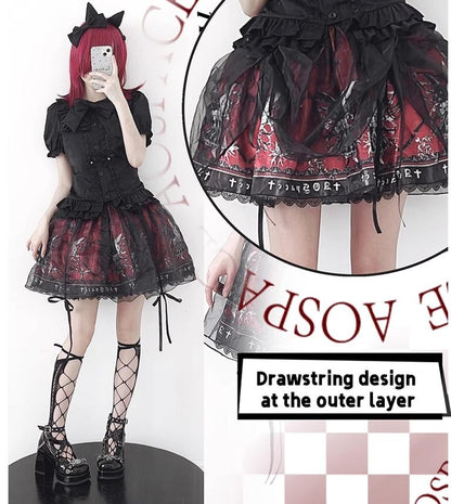 Black Lolita Skirt High-Waisted Print Skirt With Lace Trim 37562:563884