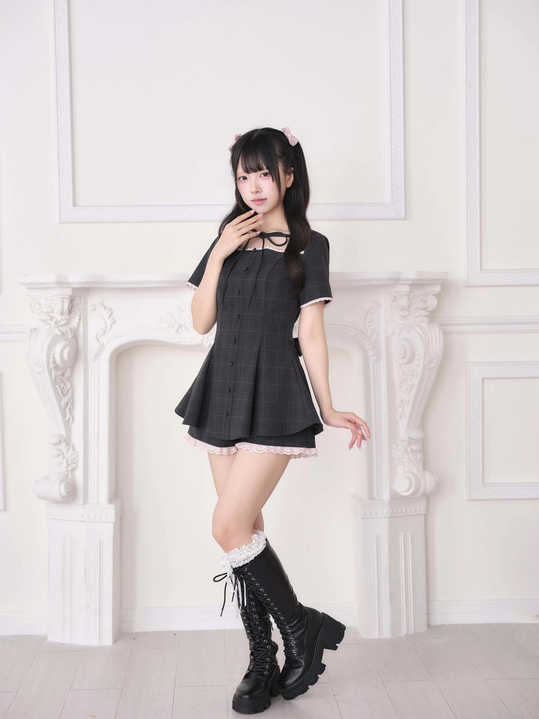 Ryousangata Lace Trim Dress & Elastic Shorts Set 45835:864546