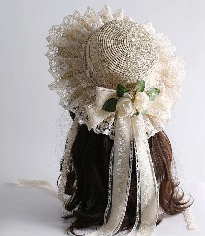 Mori Kei Sunhat Beige Country Lolita Hat With Lace Bow And Soft Straw 42247:734869