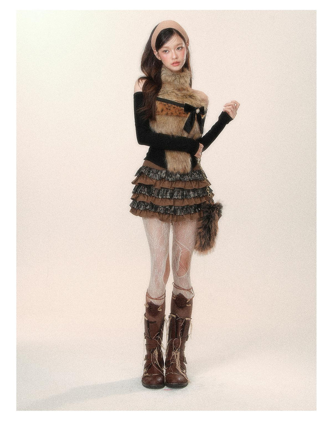 Gyaru Sweater Black-Brown Sexy Leopard Off-Shoulder Knit Top 41794:719432