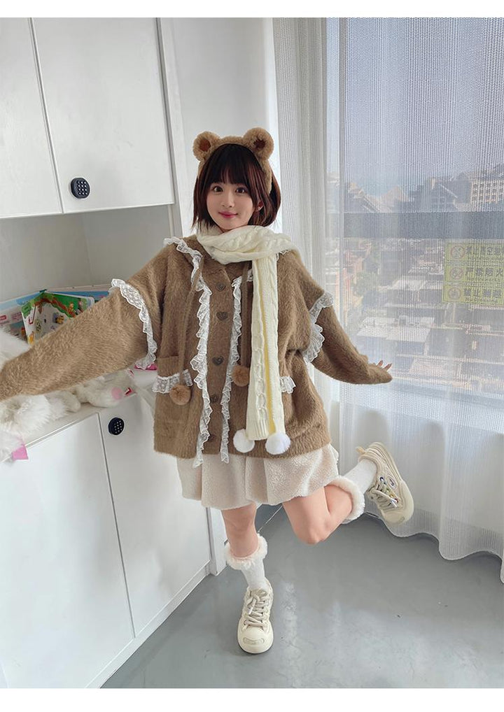 Kawaii Coat Sweater Bunny Ear Lace Knitted Hooded Cardigan 40338:665336