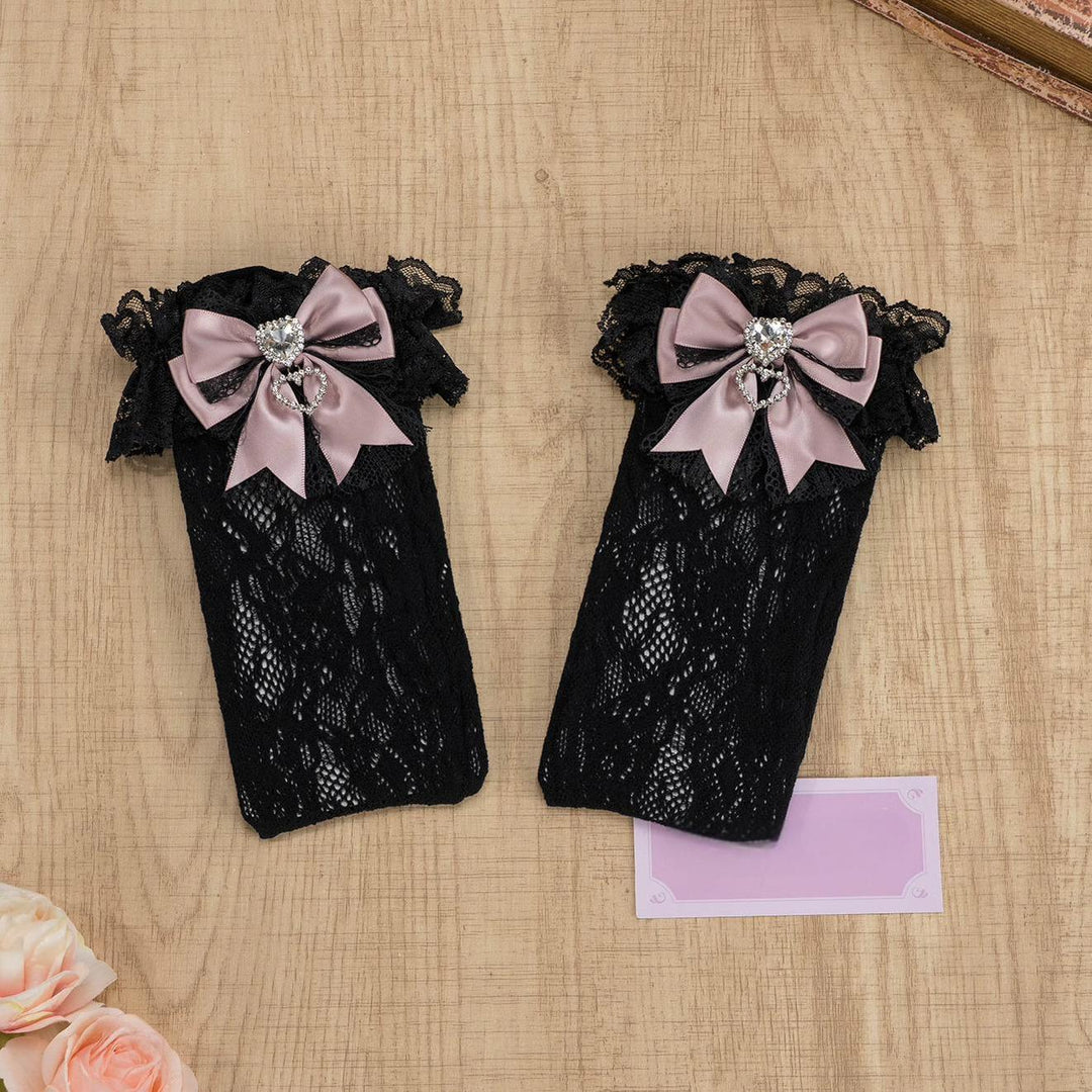 Jirai Kei Socks Heart Rhinestone Bow Lace Mid Calf Socks 39108:626390