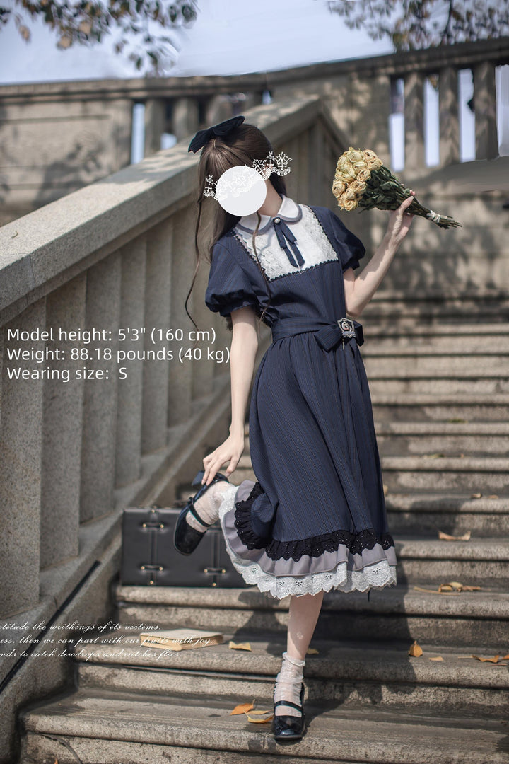 Navy Preppy Style Long Dress, Peter Pan Collar 43648:782305
