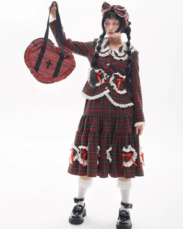 Retro Lolita Skirt Showa Christmas Winter Red Plaid Skirt 40316:662976