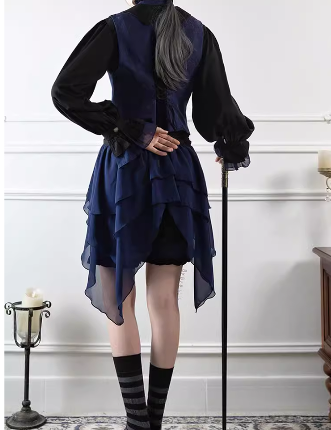 Ouji Lolita Prince Outfit Navy Blue Lolita Blouse Skirt Set 39360:633270