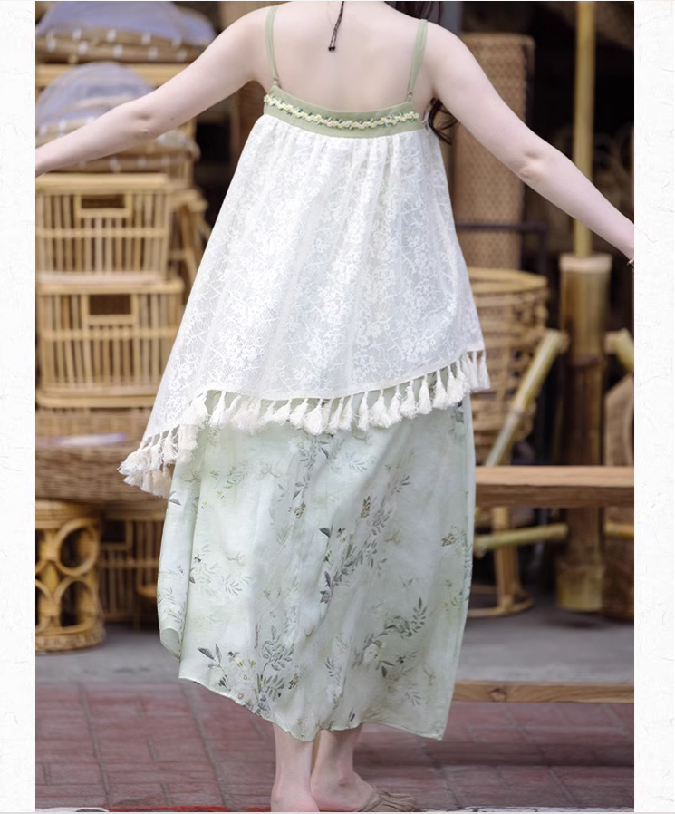 Cottagecore Dress Mori Kei Strap Dress Floral Dress With Tassels 36246:534440