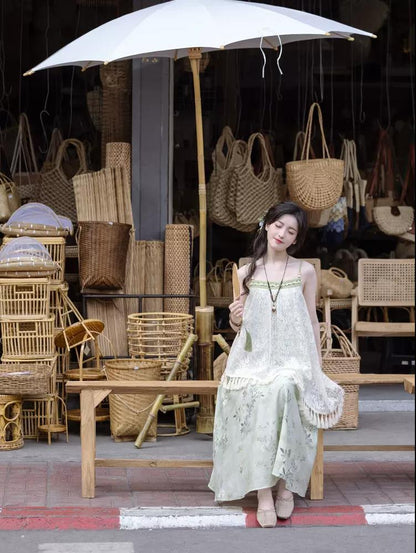 Cottagecore Dress Mori Kei Strap Dress Floral Dress With Tassels 36246:534454
