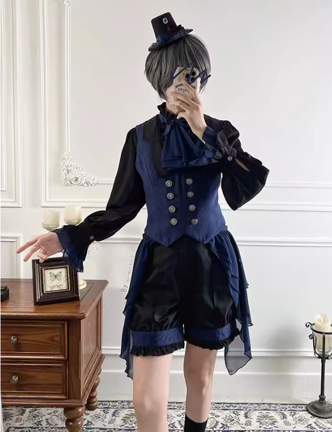 Ouji Lolita Prince Outfit Navy Blue Lolita Blouse Skirt Set (L M S XL) 39360:633258