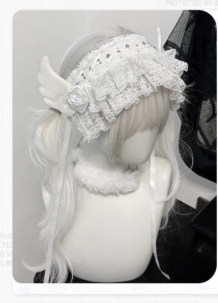 White Gothic Jirai Kei Hairband with Angel Wings and Rose 42322:737153