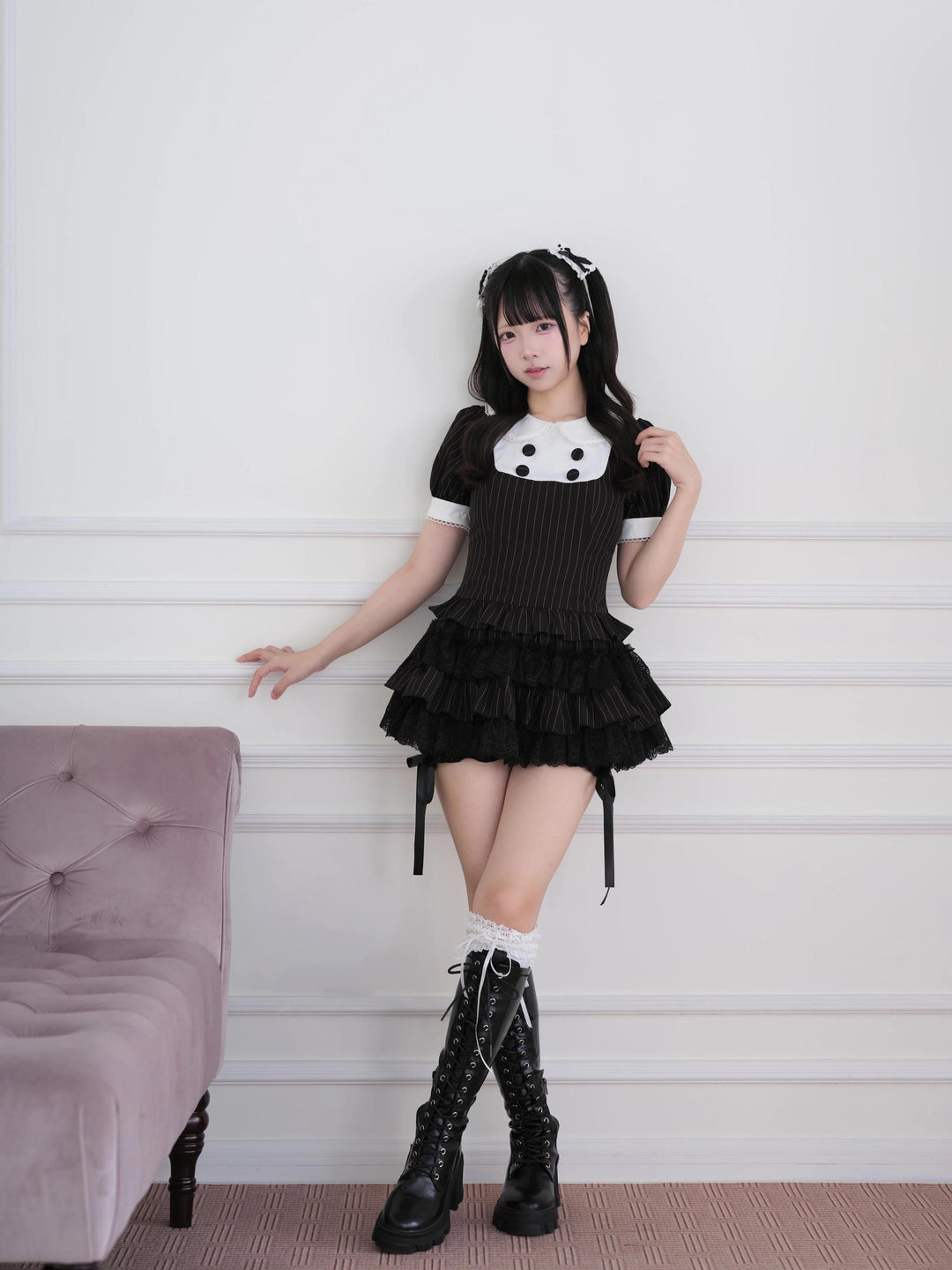 Jirai Kei Black Striped Top, Tiered Skort with Bows 45801:864162