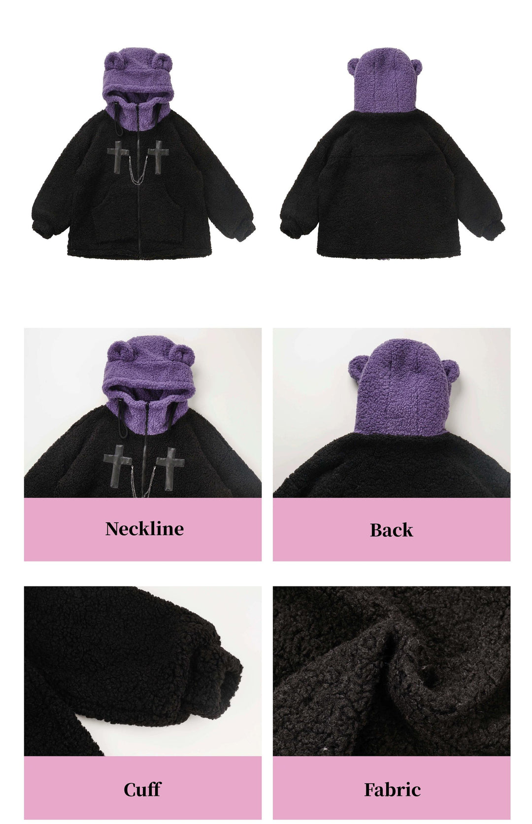 Jirai Kei Winter Coat Purple Black Outfit Sets Bear Ears Jacket 32572:421948 32572:421948