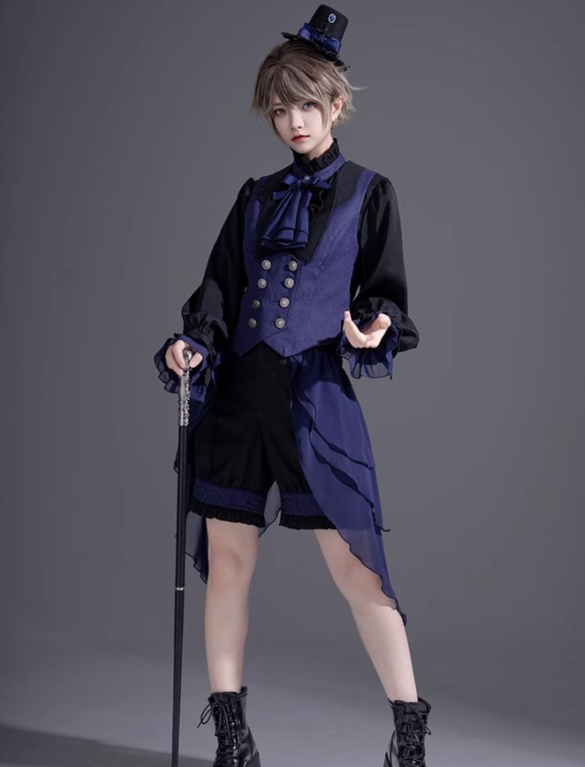 Ouji Lolita Prince Outfit Navy Blue Lolita Blouse Skirt Set 39360:633338