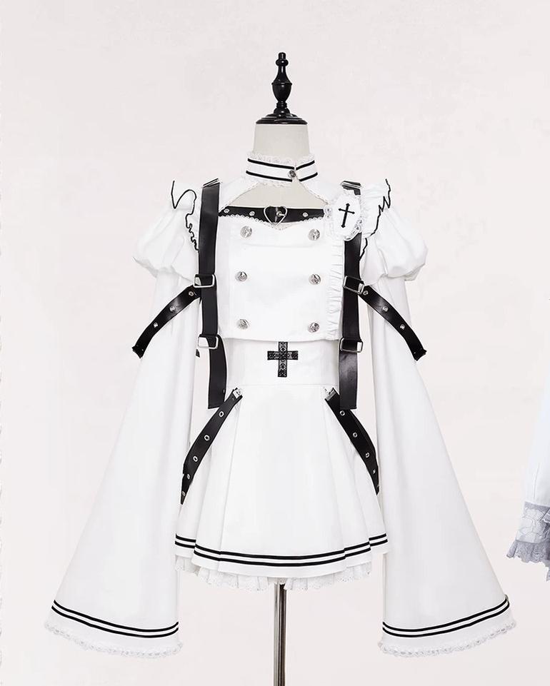 Black-and-White Gothic Top and Skirt Set, Belt & Lace (L M S) 46072:874680