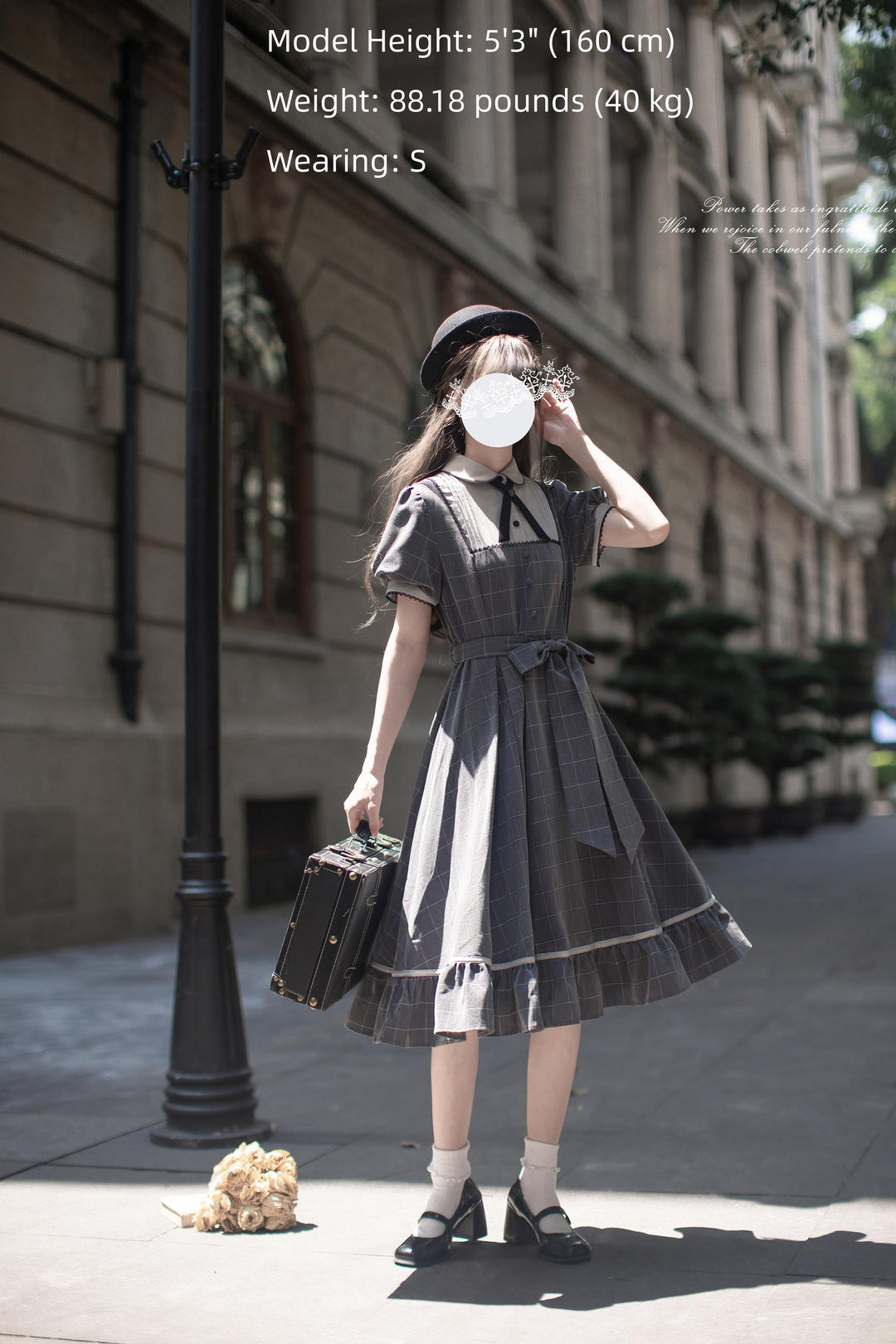 Elegant Grey Plaid Dress, Scalloped Trim & Puff Sleeves 45750:863129
