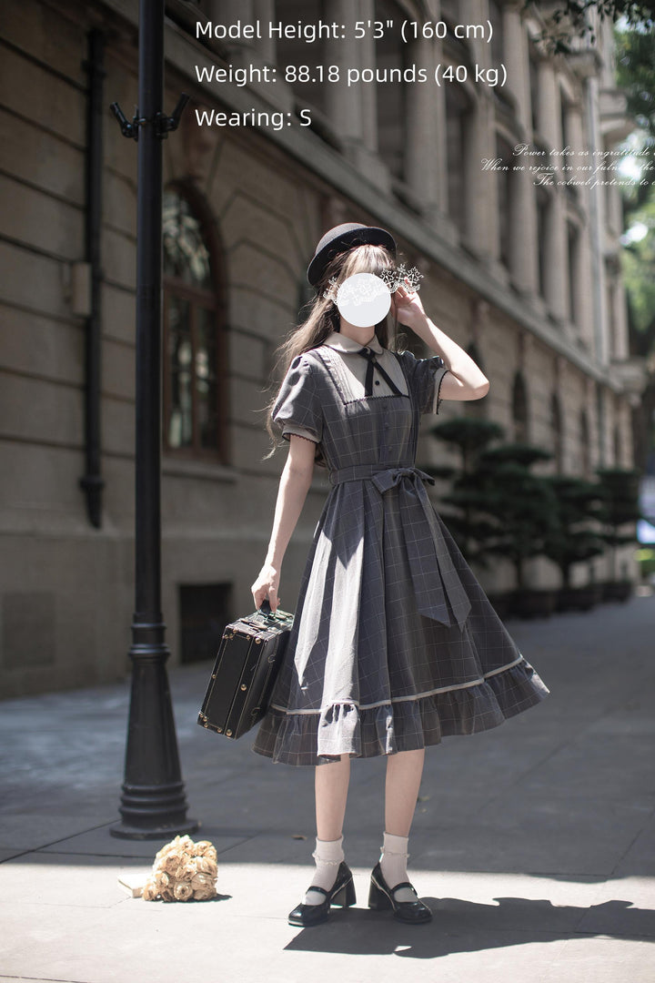 Elegant Grey Plaid Dress, Scalloped Trim & Puff Sleeves 45750:863129