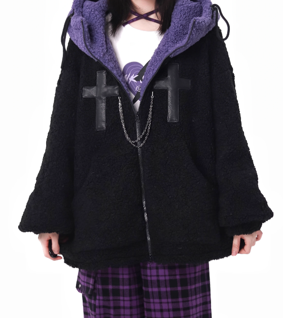 Jirai Kei Winter Coat Purple Black Outfit Sets Bear Ears Jacket 32572:421946 32572:421946