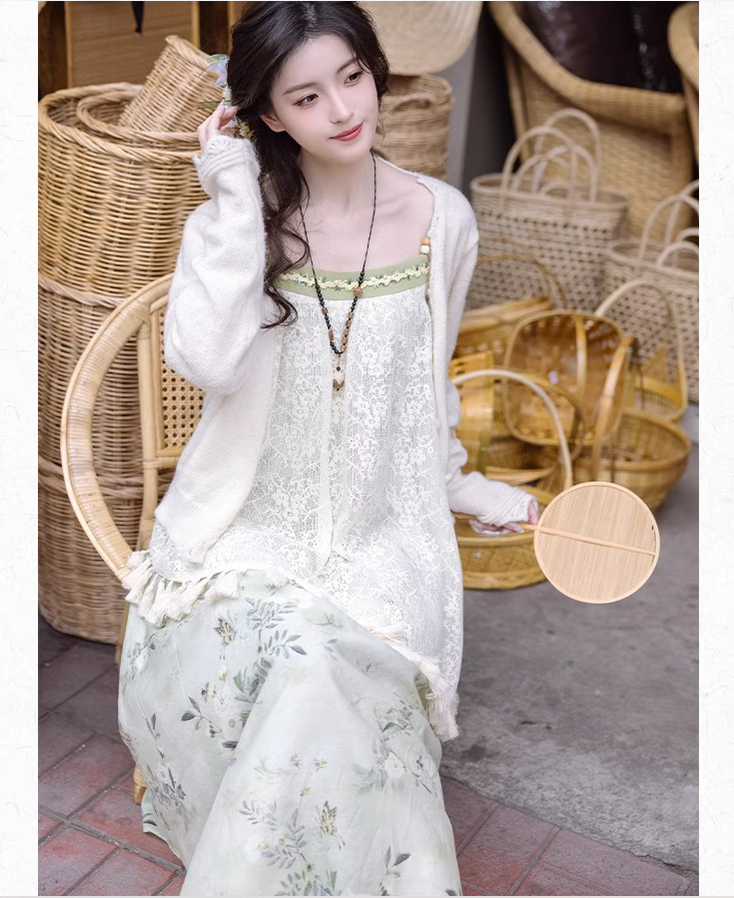 Cottagecore Dress Mori Kei Strap Dress Floral Dress With Tassels 36246:534466