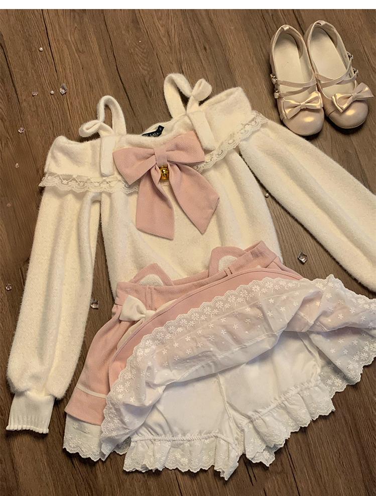 Kawaii Sweater White Off-Shoulder Top Pink Skirt Set (L M S XL) 40900:698130