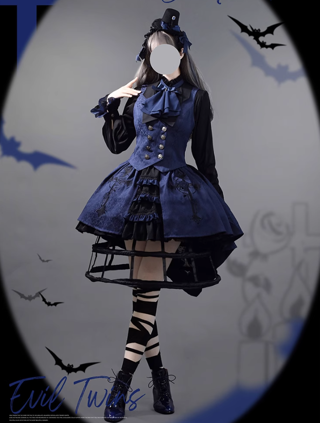 Ouji Lolita Prince Outfit Navy Blue Lolita Blouse Skirt Set 39360:633328