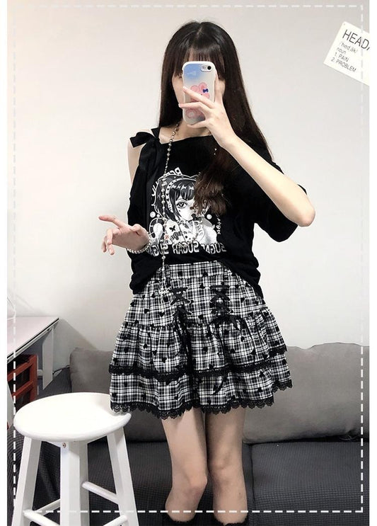Y2K Outfits Skirt Set Open Shoulder Short Sleeve Shirt 36122:513390