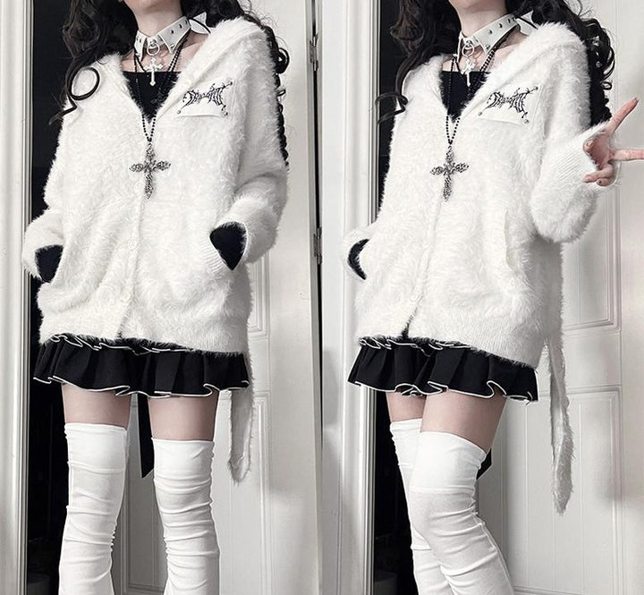 White/Black Knitted Coat, Long Bunny Ear Hood 44334:804904
