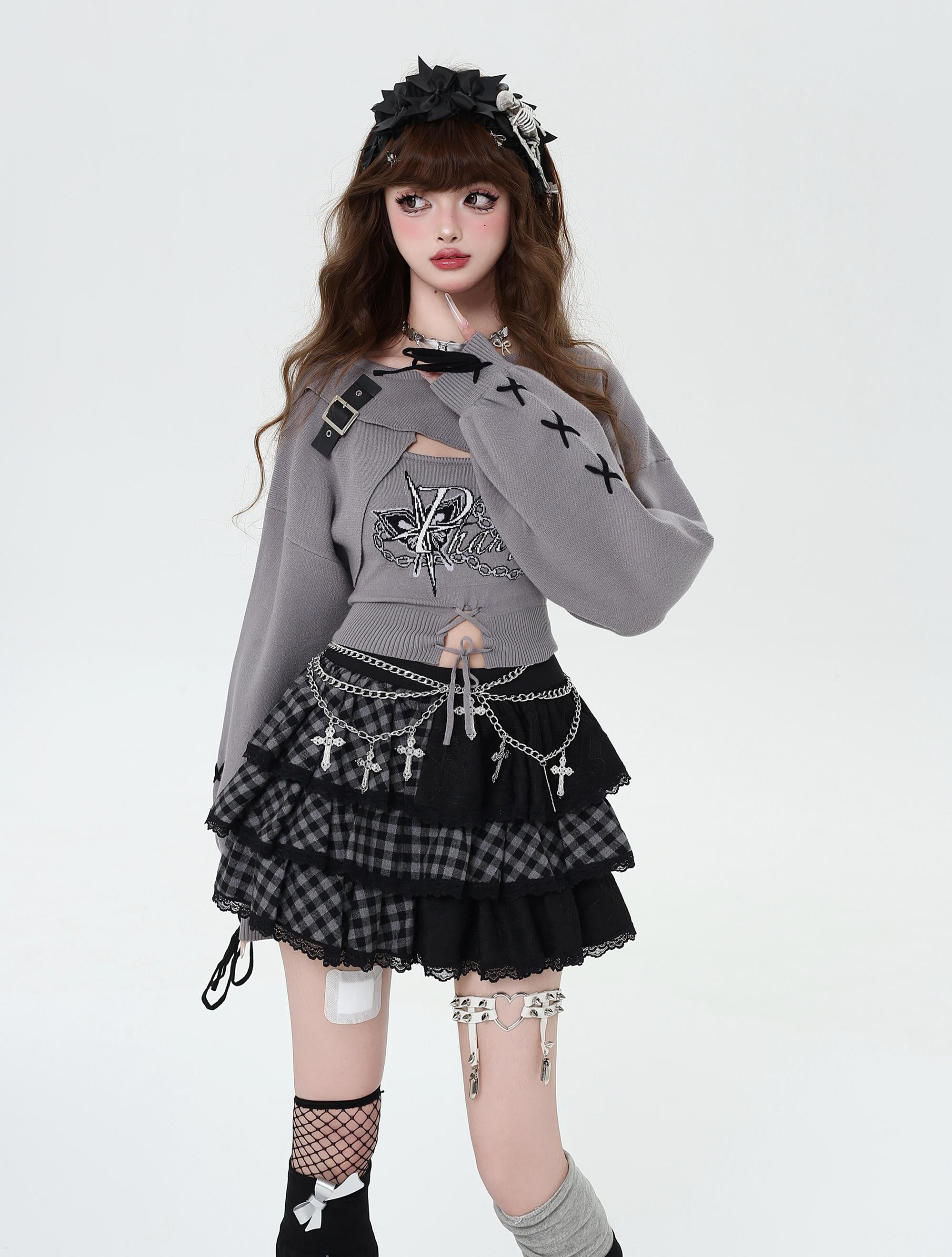 Gyaru Fashion Sweater Sexy Long-Sleeve Knitted Two-Piece Set