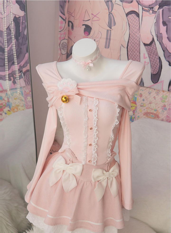 Kawaii Outfit Set Sweetheart Cat Pink Top Bow Skirt Set 41304:695342