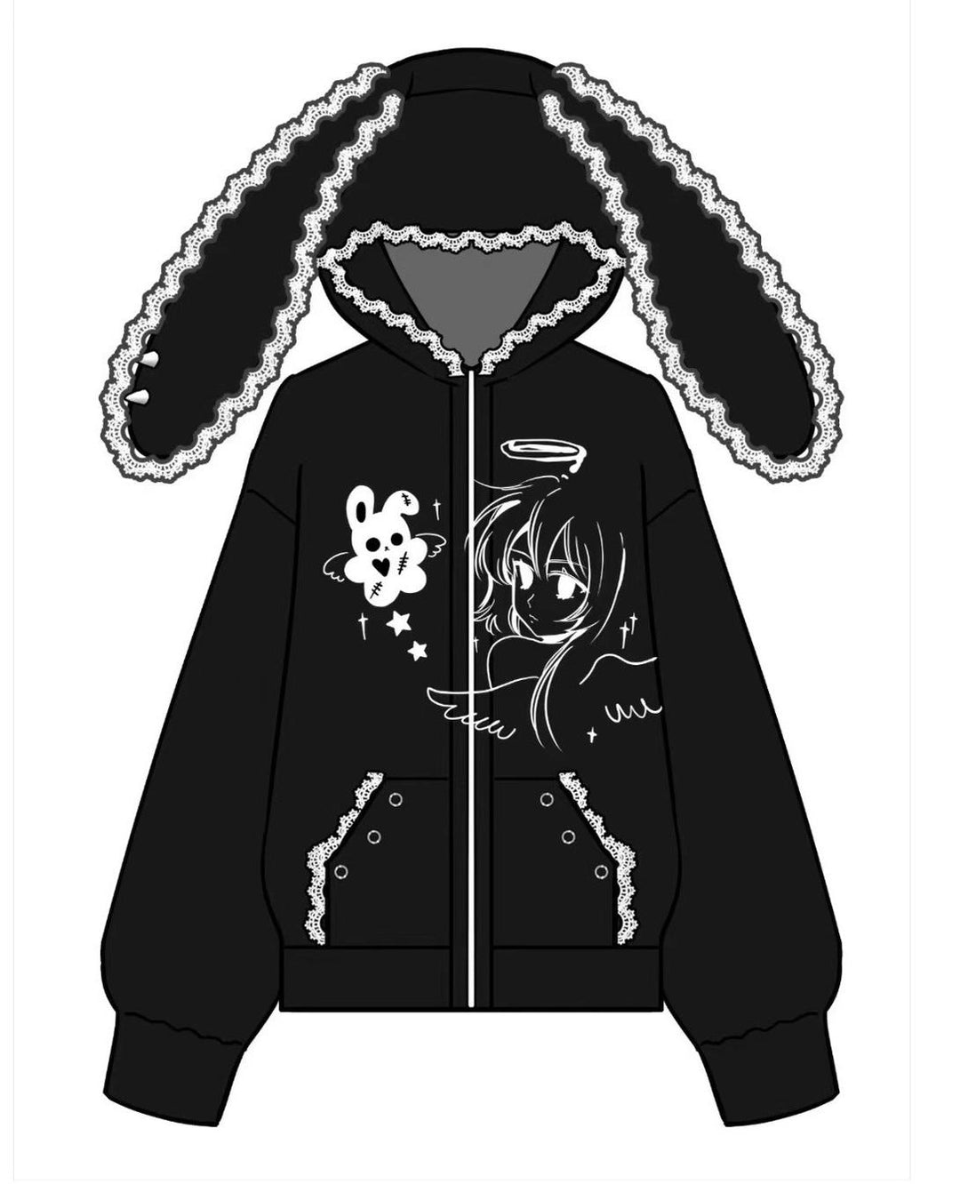 Jirai Kei Coat Bunny Ears Hoodie Lace Rivet Winter Coat (L M / Black) 32412:415572