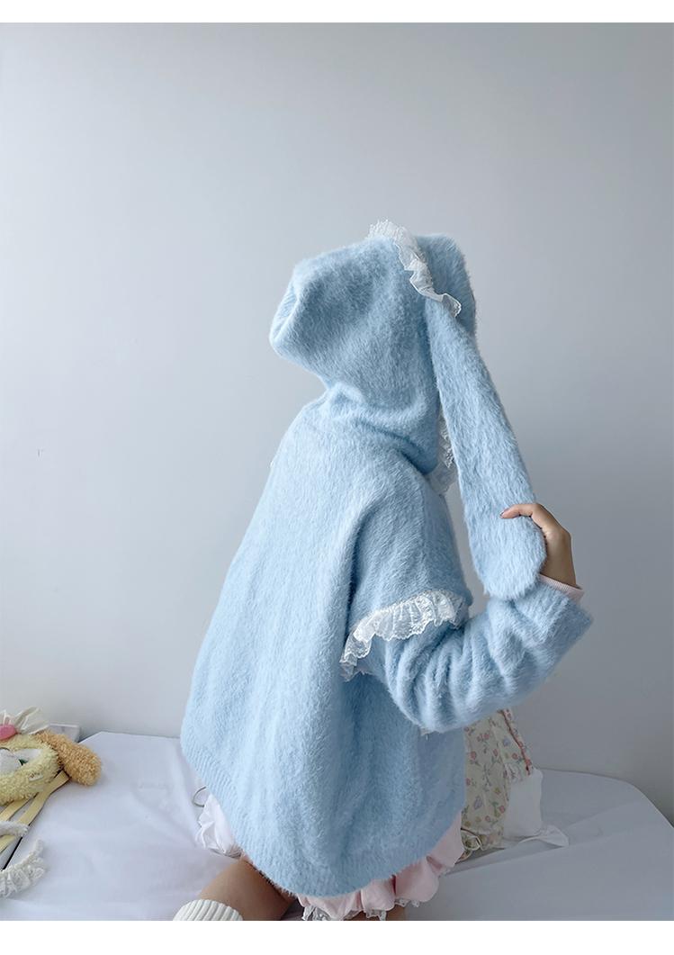 Kawaii Coat Sweater Bunny Ear Lace Knitted Hooded Cardigan 40338:665290