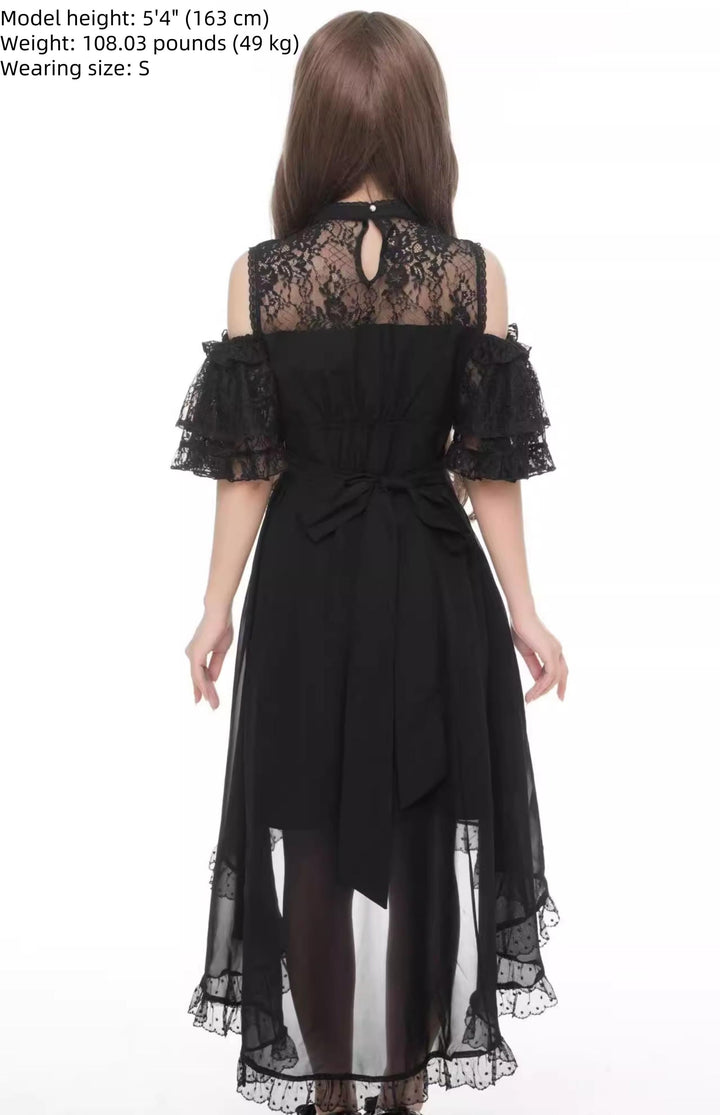 Elegant Long Jirai Kei Dress, Lace Ruffle Open-Shoulder 43651:782338