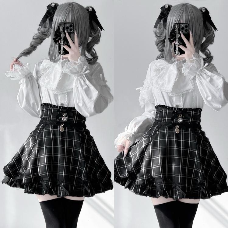 Jirai Kei Blouse Lace Frill Long-Sleeve Blouse With Bow 41318:692028