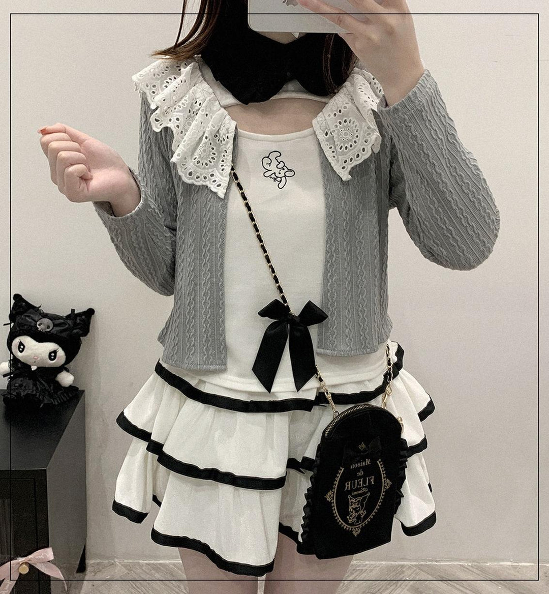 Ryousangata Cardigan Sweet Lace Collar Knit Coat (Gray) 35378:522380 (Gray) 35378:522380