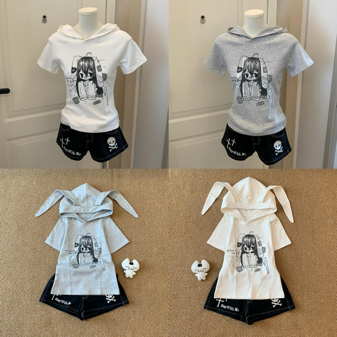 Kawaii Short Sleeve T-shirt, Bunny Ear Hooded Design 45642:856629