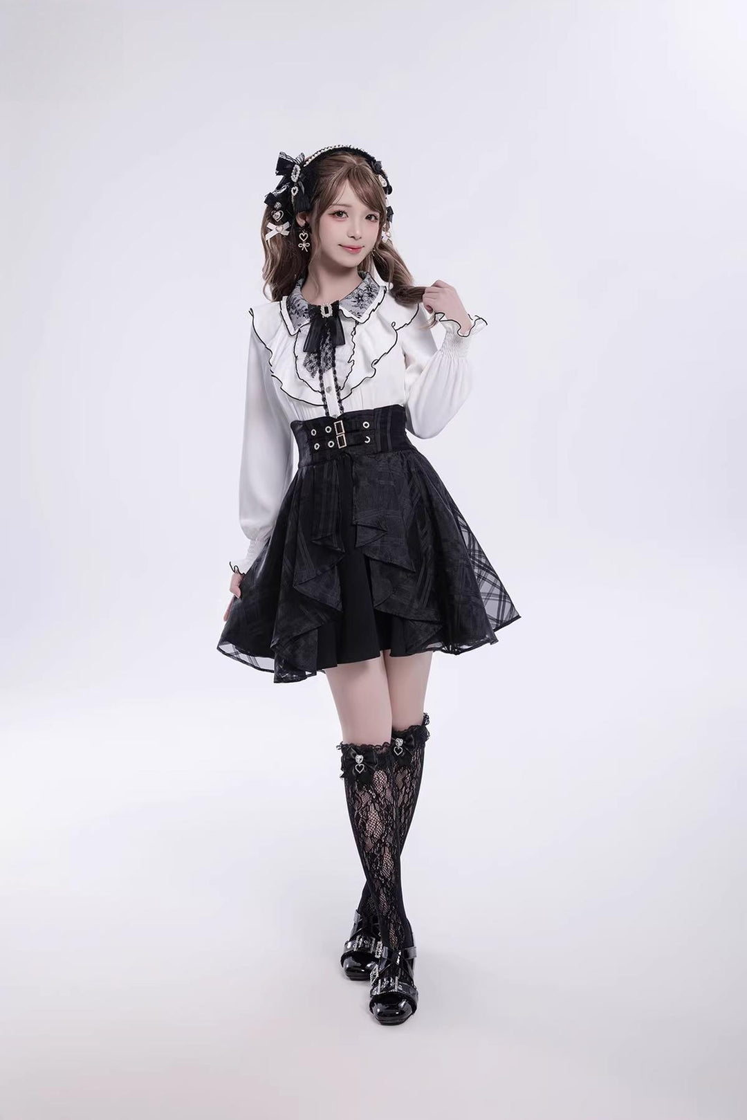 Jirai Kei Long-Sleeved Shirt, Ruffled Collar 45128:835598