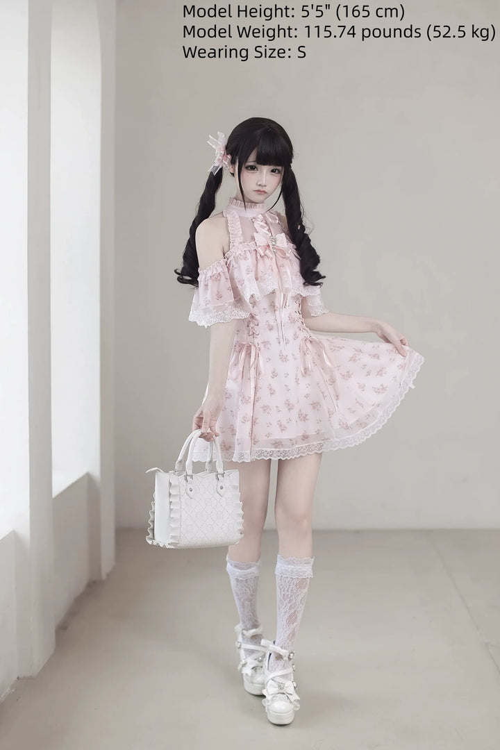Pink Open Shoulder Ryousangata Dress, Floral Print 45289:847058