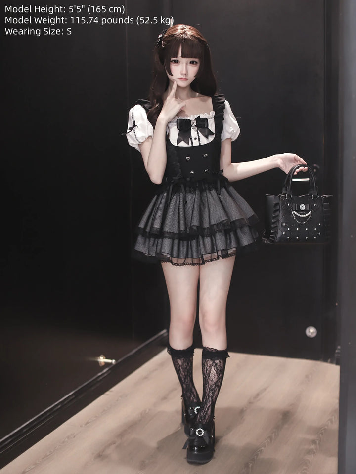 Jirai Kei Puff Sleeve Dress, Layered Tulle Hem 45340:847394