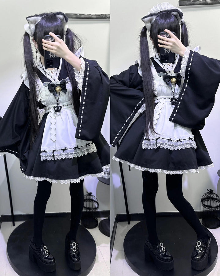 Kawaii Black Maid Blouse Flutter Sleeve Apron Suspender Skirt Set 42282:735195