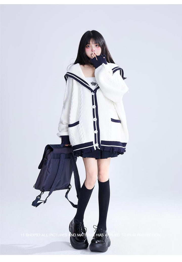 Preppy Cardigan Sailor Collar Sweater Embroidery Coat 40930:680558