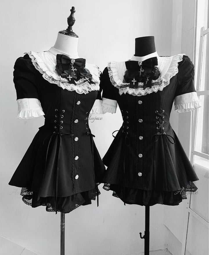Short-sleeved Ryousangata Dress, Detachable Bowtie 43823:786773