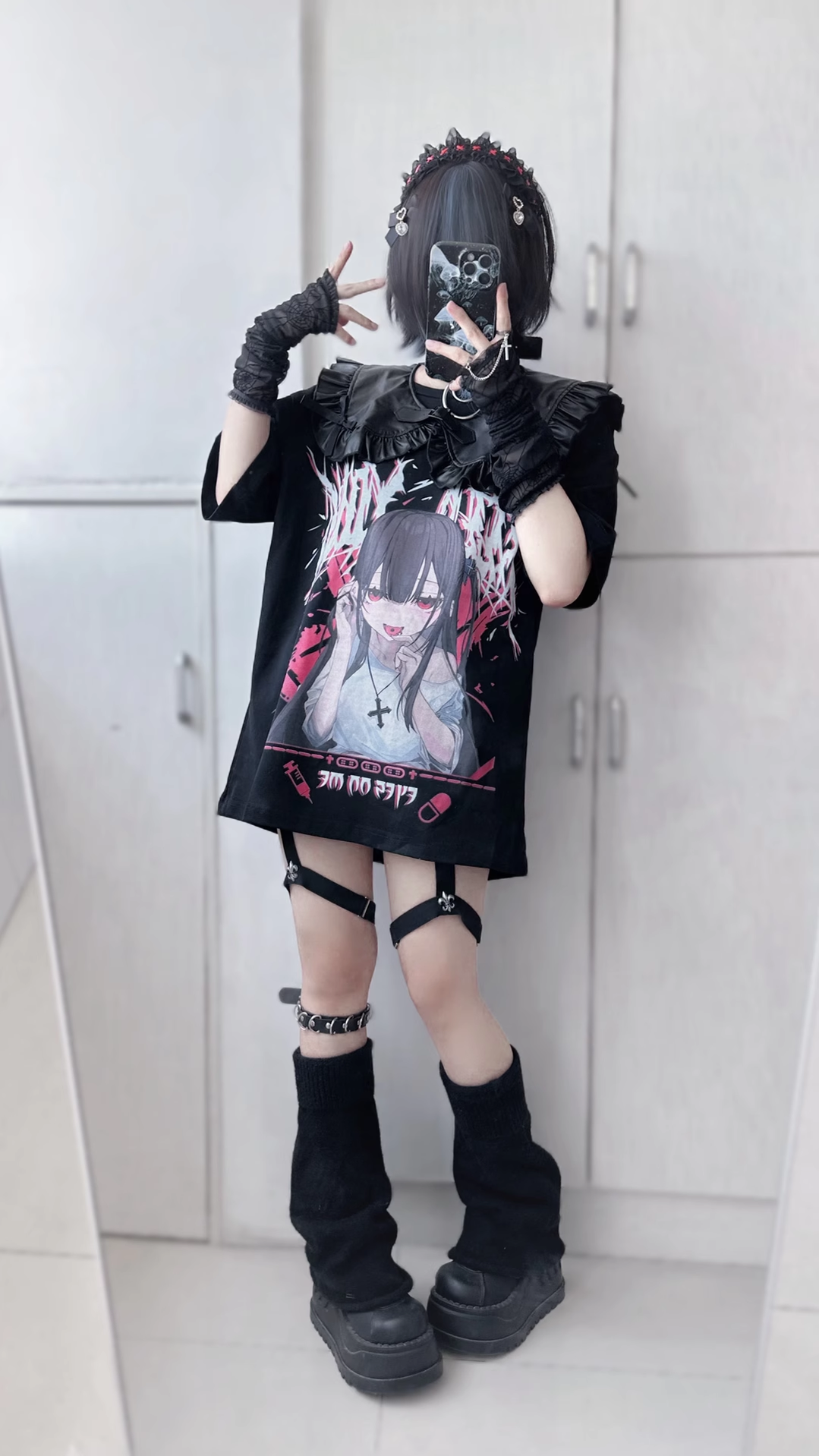 Jirai Kei T-shirt Black Cotton T-shirt Girl Print 38876:608280