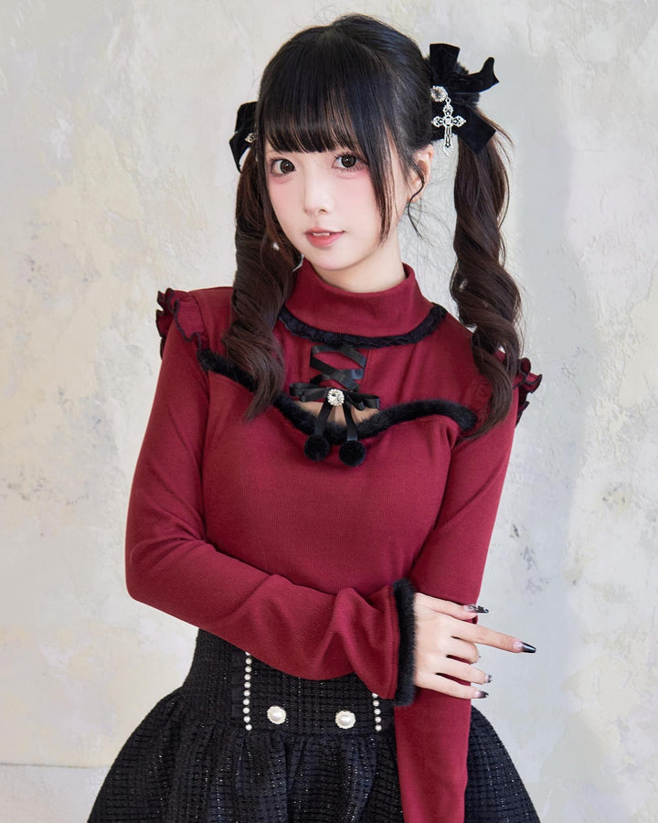 Jirai Kei Sweater Bow Decoration Knit Fleece Frill Top 41404:696690