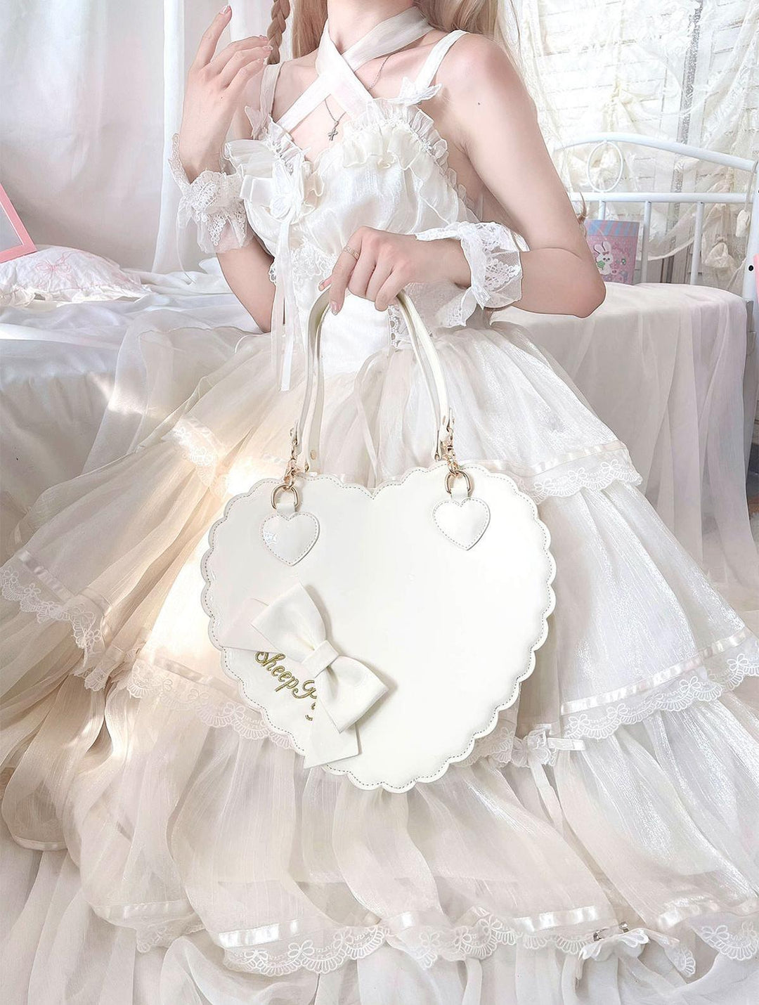 Sweet Lolita Bag Cute Heart Shaped Scalloped Bow Handbag 40326:656072