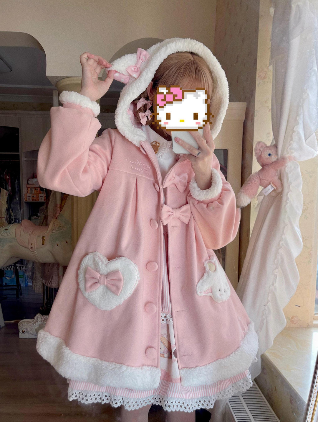 Sweet Lolita Coat Kawaii Bow Bunny Ear Hooded Coat 40934:682140