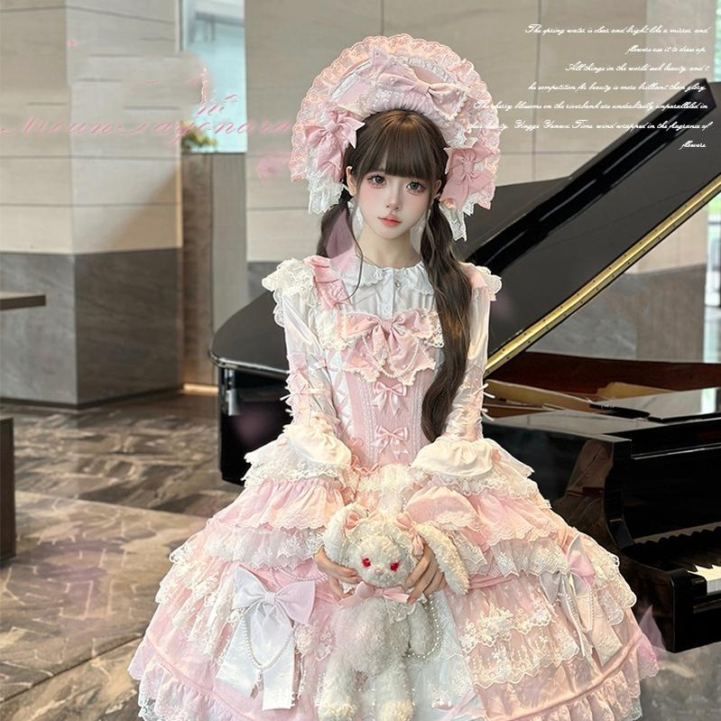 Vintage Lolita Dress Pink Doll-like Dress Princess Sleeve Blouse BNT Blouse+Bonnet+2 Hair Clips / M Vintage Lolita Dress Pink Doll-like Dress Princess Sleeve Blouse BNT Blouse+Bonnet+2 Hair Clips / M