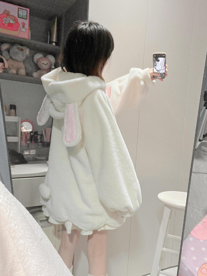 Jirai Kei Coat Sweet Bunny Ear Hoodie Long Fleece Coat 40938:682296