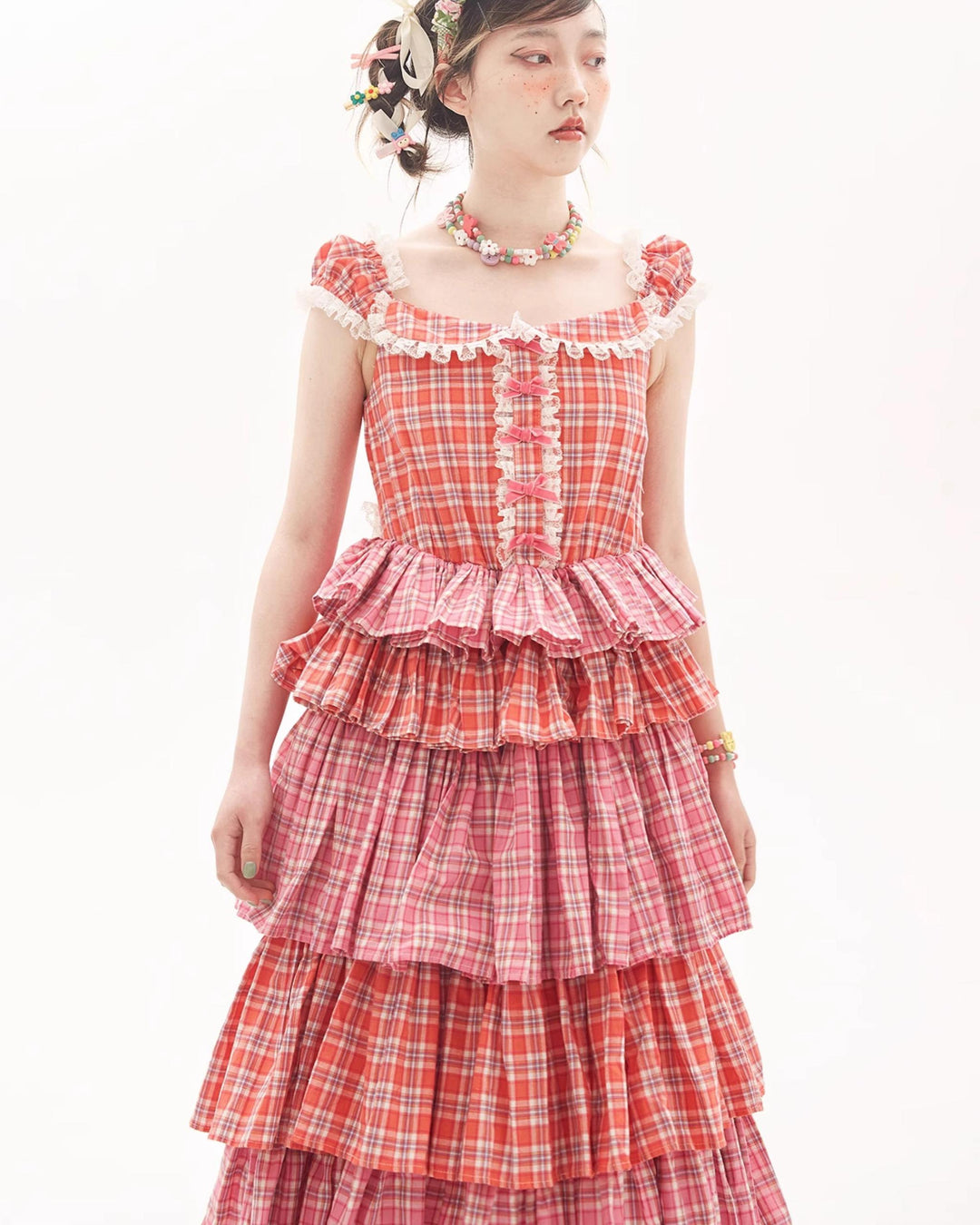 Sweet Lolita Dress Pink Plaid Dress Kawaii Layered Dress 36166:543394 36166:543394