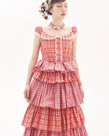 Sweet Lolita Dress Pink Plaid Dress Kawaii Layered Dress 36166:543394