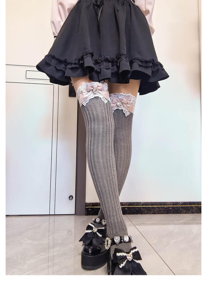 Jirai Kei Over-the-Knee Knit Socks, Bow & Lace 46069:875519