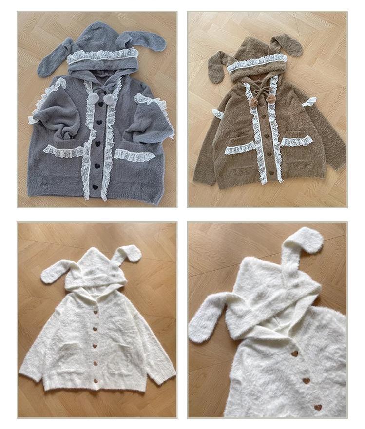 Kawaii Coat Sweater Bunny Ear Lace Knitted Hooded Cardigan 40338:665344