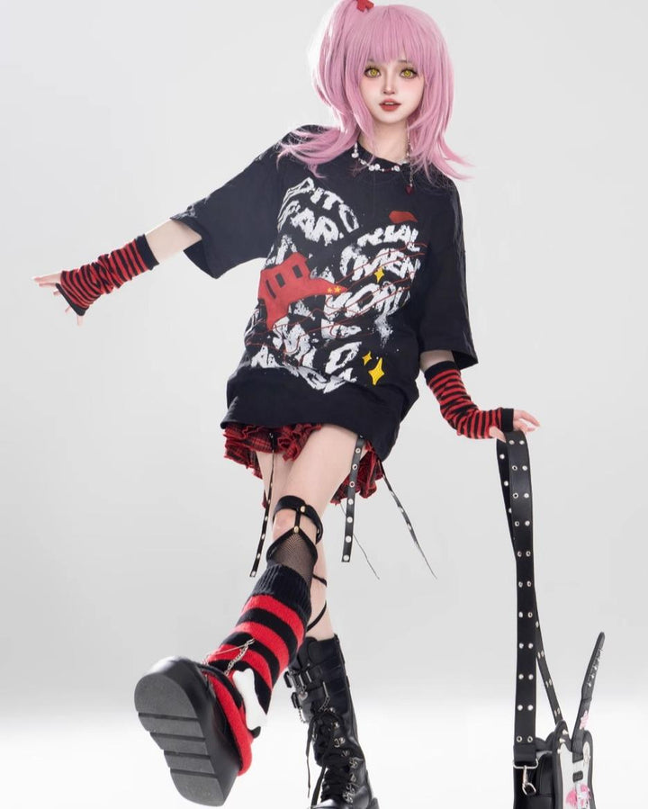 Gyaru T-shirt Red Plaid Skrit Unisex Punk Short-sleeve Top 42020:723952